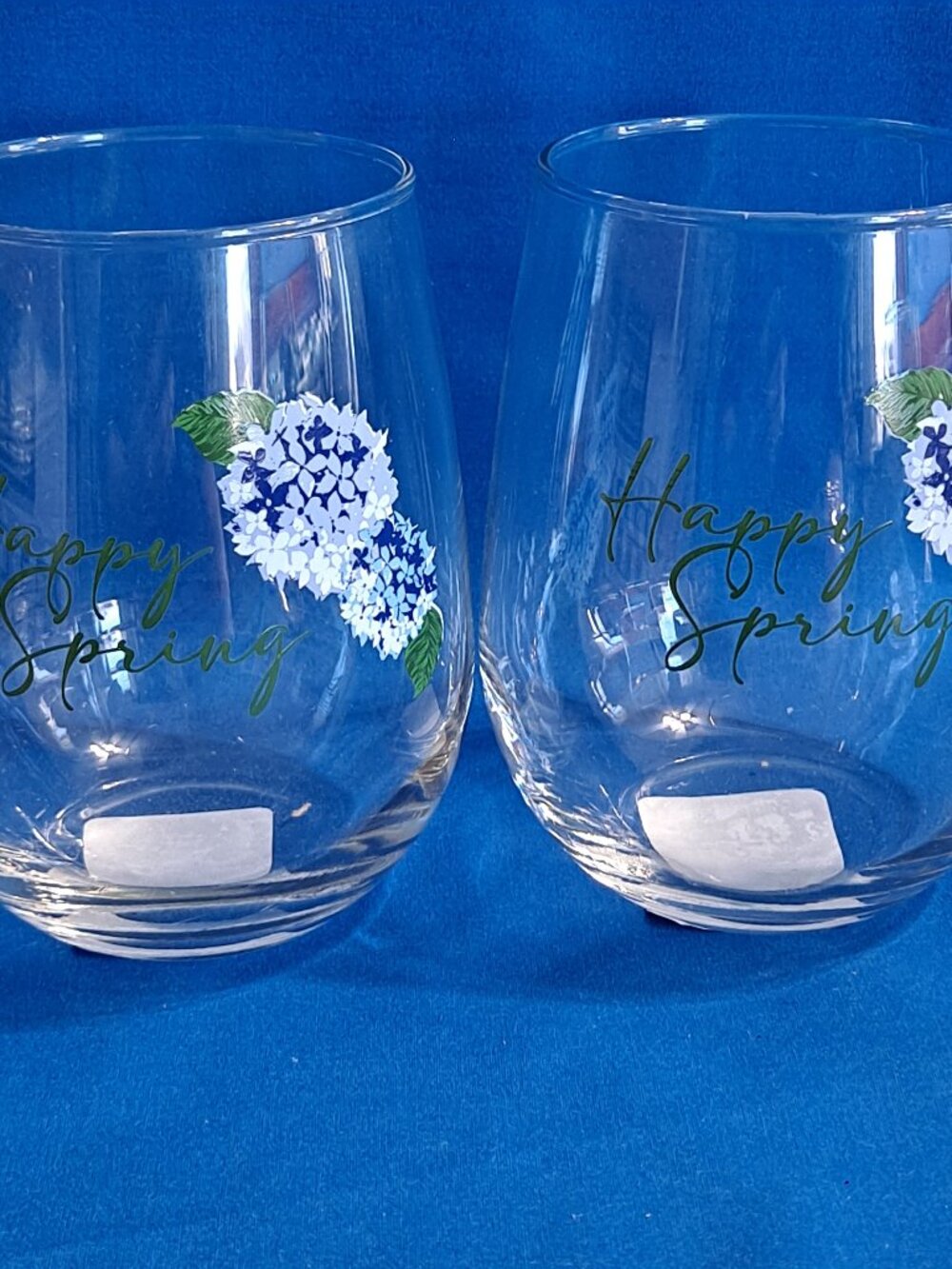 St 4 Royal Norfolk BLUE HYDRANGEA Stemless Wine Glasses "Happy Spring" Butterfly